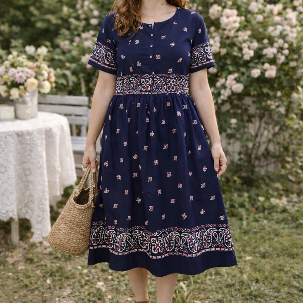 Blair Navy Blue Paisley Empire Waist Midi Dress Boho Casual‎ Small